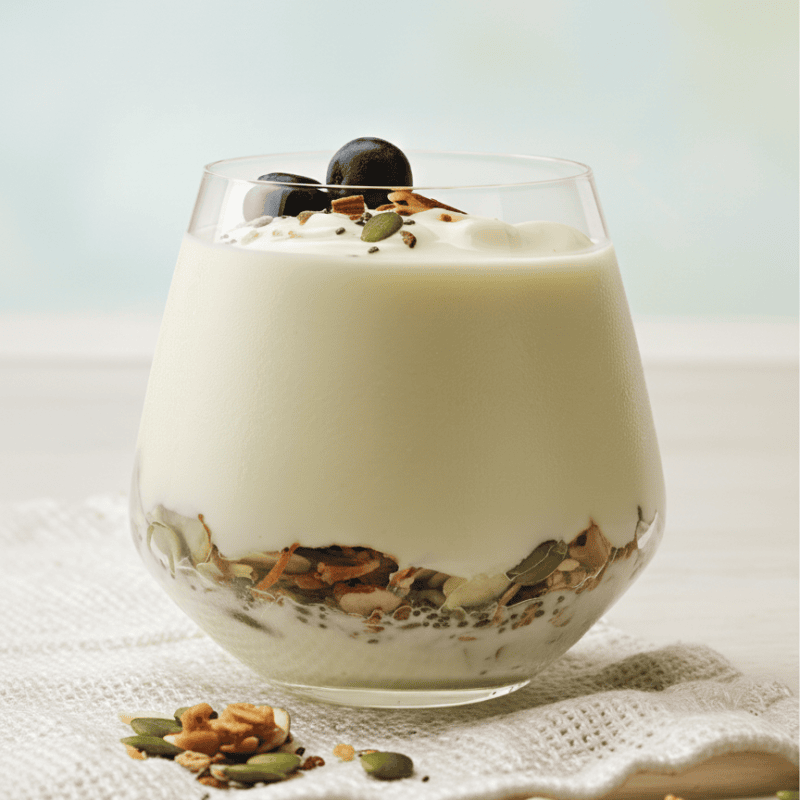 Fruchtiges Joghurt-Dessert mit Beeren, Nüssen und Samen in einem Trinkglas.