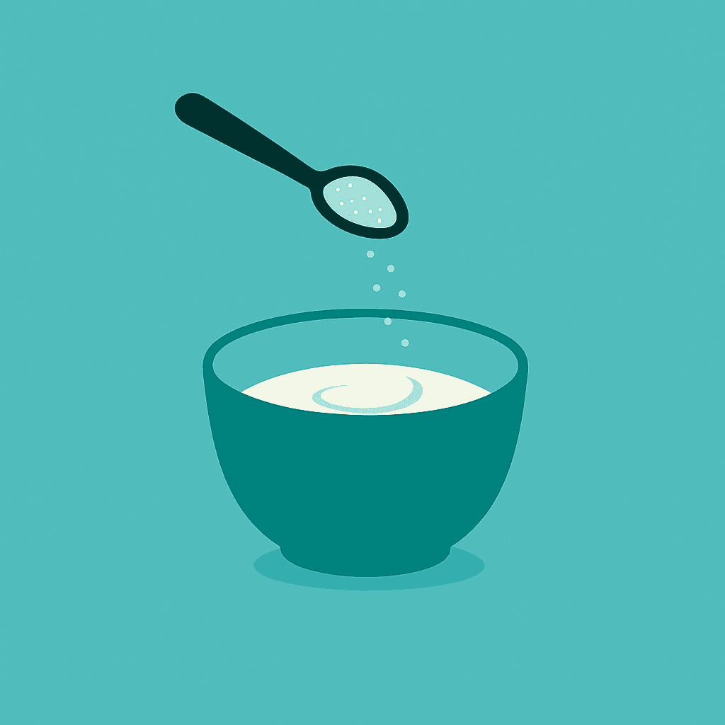 Illustration zeigt eine Schale mit Joghurt, über der ein Löffel Geschmackspulver verteilt wird.