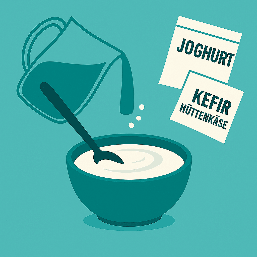Illustration eines Löffels, der Joghurt in einer Schale umrührt, mit Geschmackspulver.