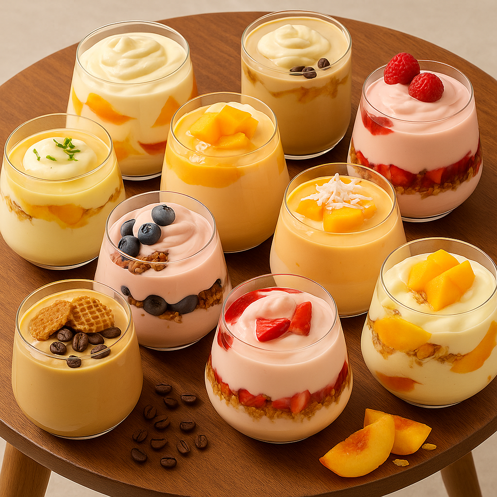 Verschiedene Gläser mit cremigem Joghurt und frischem Obst wie Erdbeeren, Mangos und Blaubeeren auf einem Holztisch arrangiert.
