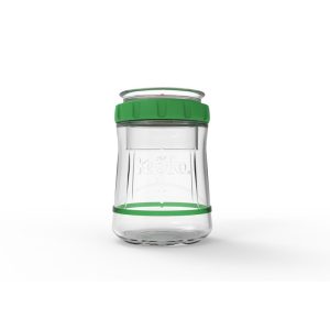 Glas mit grünem Deckel für Joghurt oder Getränke, nachhaltige Küchenaufbewahrung.