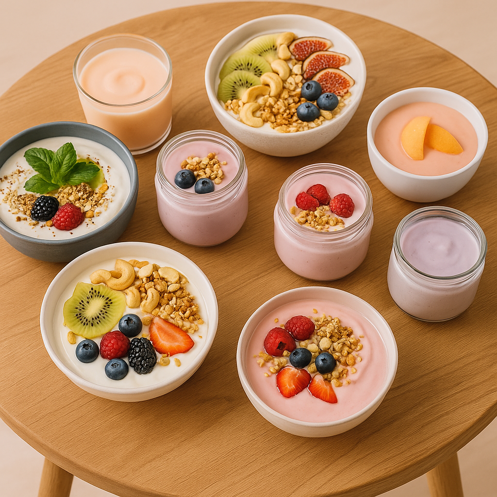 Verschiedene Joghurtvariationen in Schalen und Gläsern, garniert mit frischem Obst, Nüssen und Granola auf einem Holztisch.