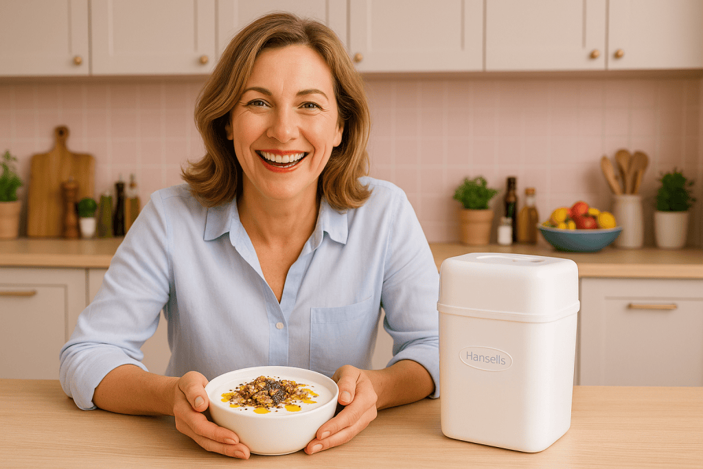 Lächelnde Frau in Bluse in moderner Küche mit rotem EasiYo Joghurtbereiter und einem Glas Joghurt mit Beeren.