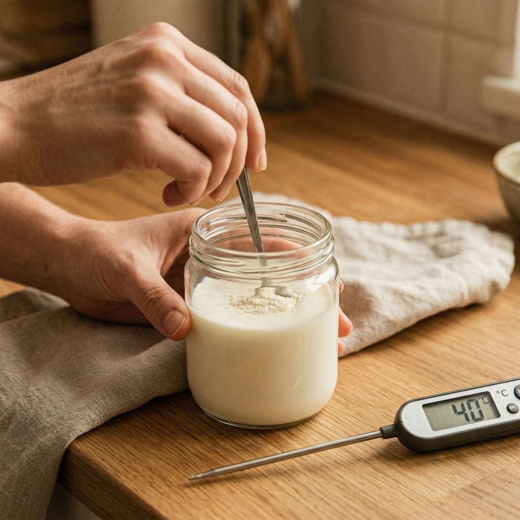 Kefir-Starterkultur wird in lauwarme Milch bei 40°C eingerührt – Schritt 1 der Kefir-Zubereitung