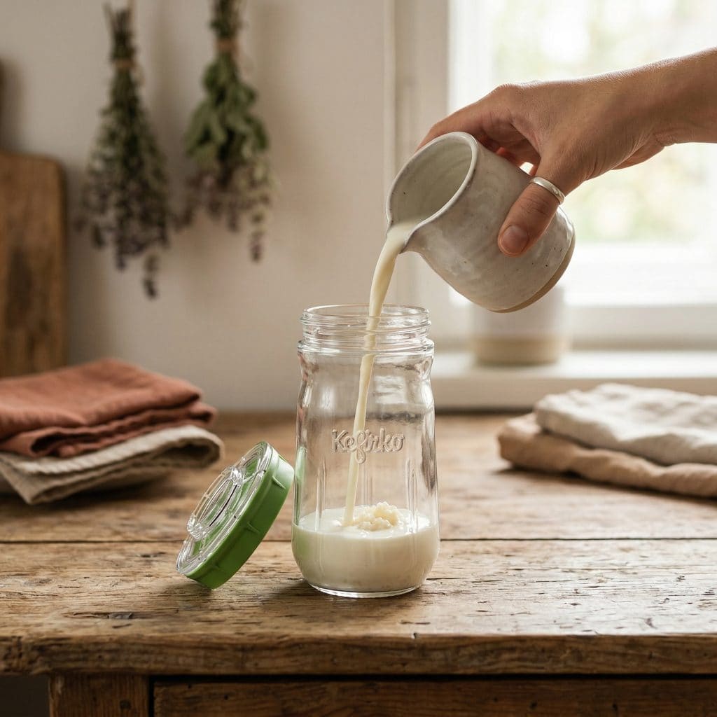 Milch mit Kefirknollen wird in einen Kefirko Kefirbereiter gefüllt – Schritt 2 der Kefir-Zubereitung