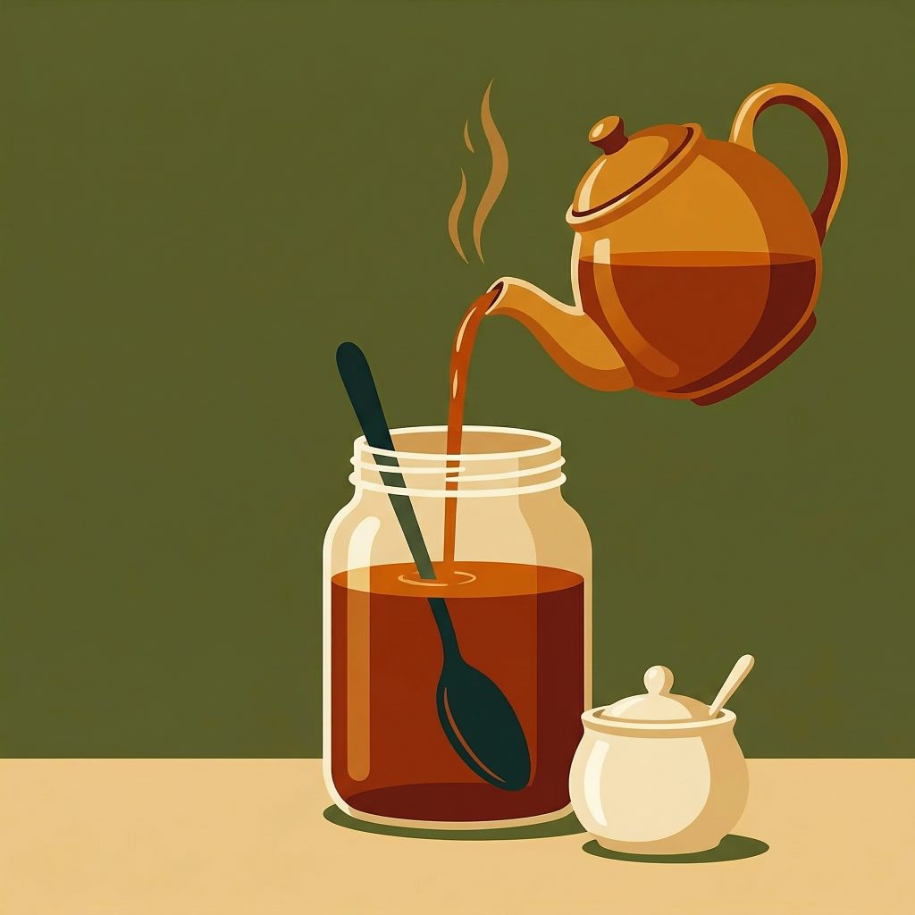 Illustration: Gesüßten schwarzen Tee in ein Gärgefäß gießen – Schritt 1 der Kombucha-Zubereitung