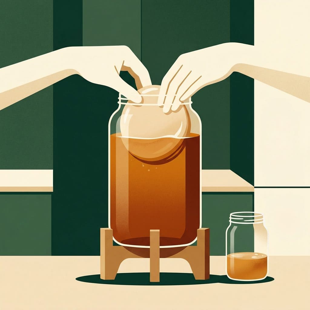 Illustration: SCOBY und Startflüssigkeit in den gesüßten Tee geben – Schritt 2 der Kombucha-Herstellung