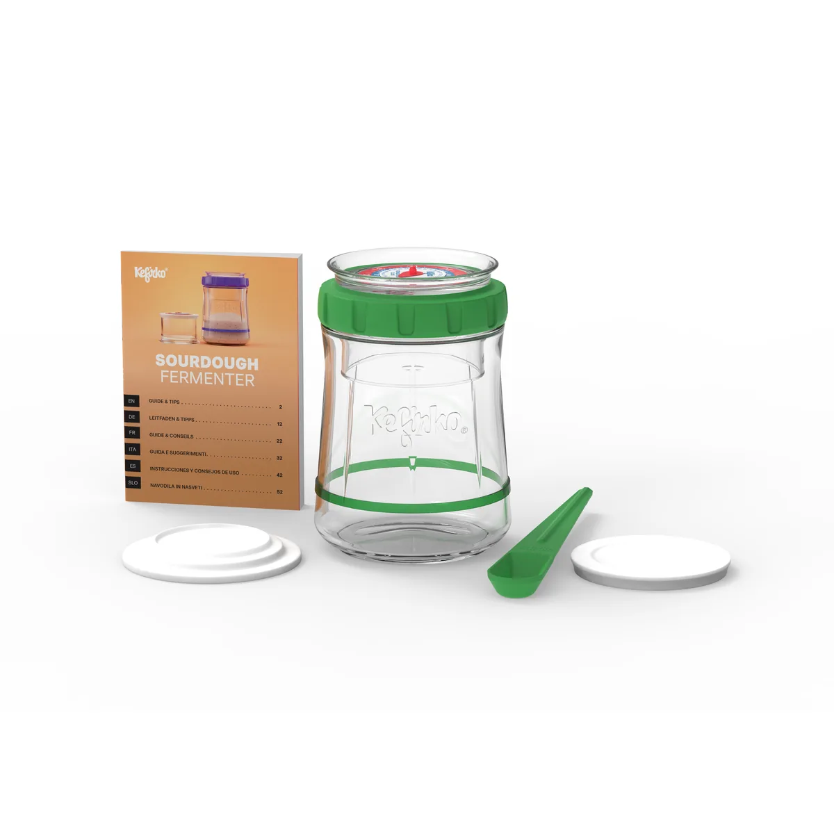 KefirKo Sauerteig-Fermenter mit grünem Deckel und Zubehör